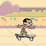 スケートボードに乗ったキャラクターとバスケットが並ぶアニメ風のシーン。