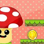 赤くて白い点のあるキノコキャラクターと金色のコインがあるファンタジー風景。