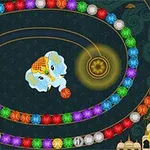 中央に象の顔があり、カラフルなビーズの鎖が渦巻いているデザイン。