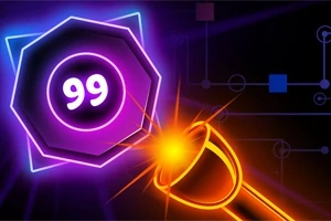 紫色のバックライトを持つ数値「99」が表示された多角形と、その右側にオレンジ色の光線を放つ円形のオブジェクト。