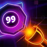 紫色のバックライトを持つ数値「99」が表示された多角形と、その右側にオレンジ色の光線を放つ円形のオブジェクト。