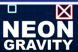 青い背景にネオンカラーで「NEON GRAVITY」と書かれたテキストと2つの幾何学模様の図形。