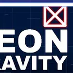 青い背景にネオンカラーで「NEON GRAVITY」と書かれたテキストと2つの幾何学模様の図形。