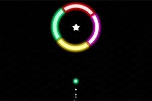 黒い背景にカラフルな円形セグメントと中央に白い星が描かれている。