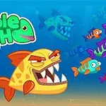 カラフルな魚たちが泳ぐ海底の背景に、鋭い歯を持つ黄色い魚が描かれているイラスト。
