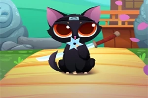 可愛らしい黒い猫が手裏剣を持ち、背景には日本風の風景が描かれています。