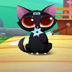 可愛らしい黒い猫が手裏剣を持ち、背景には日本風の風景が描かれています。