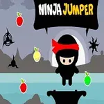 赤い鉢巻をした黒い忍者のキャラクターがジャンプしている様子で、周囲にはリンゴと手裏剣が浮かんでいる。