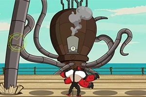 機械のタコのような装置が海辺にあり、その前で男性が倒れている。