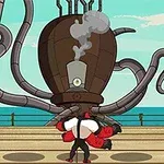 機械のタコのような装置が海辺にあり、その前で男性が倒れている。