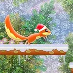 赤い帽子をかぶったリスが雪の積もるステージでどんぐりに向かって走っています。
