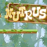 リスが木のプラットフォーム上を走っており、背景には森が広がっていて、大きな「NUT RUSH」の文字が表示されている。