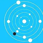 青い背景に、中心から同心円状に広がる白と黒の点が並んだデザイン。