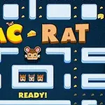 青と白の迷路の中に「PAC RAT」という文字とネズミのキャラクターが配置されたデジタル画面。