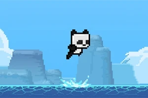 ピクセルアートスタイルで、海を背景にジャンプするパンダが描かれている。