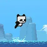 ピクセルアートスタイルで、海を背景にジャンプするパンダが描かれている。