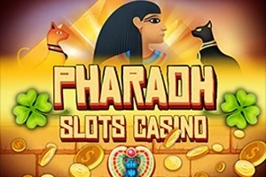 エジプト風のデザインで、ピラミッド、ファラオ、2匹の猫、そして緑の四葉のクローバーや金貨の描かれたカジノの宣伝グラフィック。