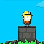 青い空と雲を背に、黄色い帽子をかぶったキャラクターが石の台の上に立っているピクセルアートの画像。