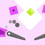 ピンクと白の背景に、緑色のダイヤモンド形のオブジェクトと紫色の四角形、灰色のフリッパーが描かれている図。