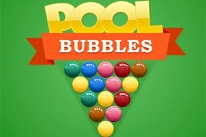 緑色の背景に色とりどりのボールが三角形に配置され、上部に「POOL BUBBLES」の文字があります。