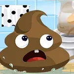 驚いた表情のアニメ風の茶色いキャラクターが、背景のトイレを指差す手と共に描かれたイラスト。