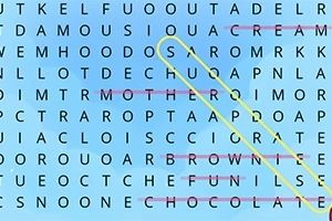 青い背景に文字が並んだ単語検索パズルで、単語が黄色で囲まれています。