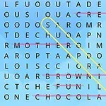 青い背景に文字が並んだ単語検索パズルで、単語が黄色で囲まれています。
