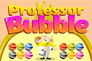 カラフルな文字で「Professor Bubble」と書かれた文字の下に、黄色い背景の上で白いコートを着たひげを生やしたキャラクターと、様々な色のボールが並んでいる。