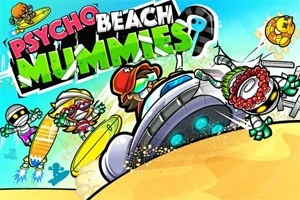 コミカルなアートスタイルで描かれたビーチでサーフィンをするミイラたち。