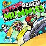 コミカルなアートスタイルで描かれたビーチでサーフィンをするミイラたち。