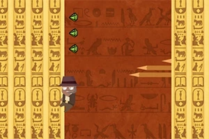 探検家のキャラクターが壁に描かれた古代エジプト風の壁画の前で3つの緑の宝石を集めているイメージ。