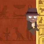 茶色の壁にヒエログリフが描かれ、ハットをかぶった人物が垂直な柱をのぼっている様子。