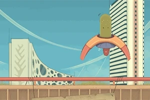近未来的な都市を背景に、空中を浮遊するキャラクターが描かれているイラスト。