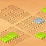 砂色の背景に、グリッド状に並んだ正方形のタイルがあり、緑と灰色のタイルが配置されている。