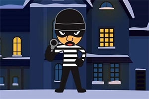 黒い服を着て銃を持ったキャラクターが、夜の建物の前に立っているイラスト。