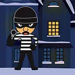 黒い服を着て銃を持ったキャラクターが、夜の建物の前に立っているイラスト。