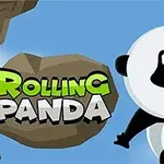 青い空を背景に、岩にぶら下がっているパンダと「Rolling Panda」というタイトルの文字。