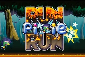 森の背景に「RUN PIXIE RUN」と書かれた炎の文字と妖精のキャラクター。