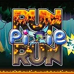 森の背景に「RUN PIXIE RUN」と書かれた炎の文字と妖精のキャラクター。