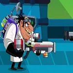 悪役の科学者と黒いマスクの兵士がレーザー銃を構えて対峙しているアニメーションキャラクターのイラスト。