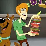 アニメーションキャラクターの犬と男性が巨大なサンドイッチを持って楽しそうにしている。