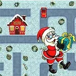 サンタクロースが雪の迷路をプレゼントを持って歩いているイラスト。