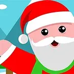 赤い服と帽子をかぶったサンタクロースが笑顔で背景の雪山を背景にしているイラスト。