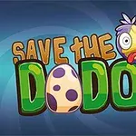 青い背景に、「SAVE THE DODOS」という文字とコミカルなドードー鳥のイラスト。