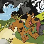 犬と男性が幽霊に追いかけられているイラスト。