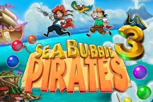 海賊の衣装を着た二人のキャラクターとカラフルな泡、背景に海と船が描かれているイラスト。