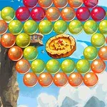 海賊の衣装を着た二人のキャラクターとカラフルな泡、背景に海と船が描かれているイラスト。