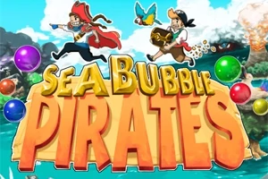 海賊のキャラクターと色とりどりの泡が空を飛ぶ海賊の冒険をテーマにしたカラフルな画像。