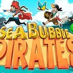 海賊のキャラクターと色とりどりの泡が空を飛ぶ海賊の冒険をテーマにしたカラフルな画像。