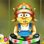 赤い帽子をかぶったキャラクターがコントロールパネルの前に立っており、周囲に宝石が散らばっているイラスト。